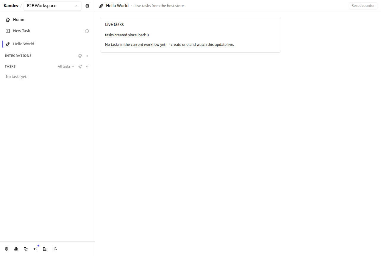 A native plugin route rendered inside kandev: a sidebar nav item the plugin registered, the host's page title bar, and page content reading live task data from the shared app store.